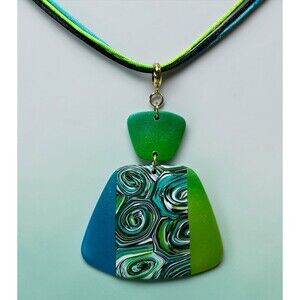 Handmade Bright Blue & Green Large Polymer Clay Pendant Necklace 18" Satin Cord